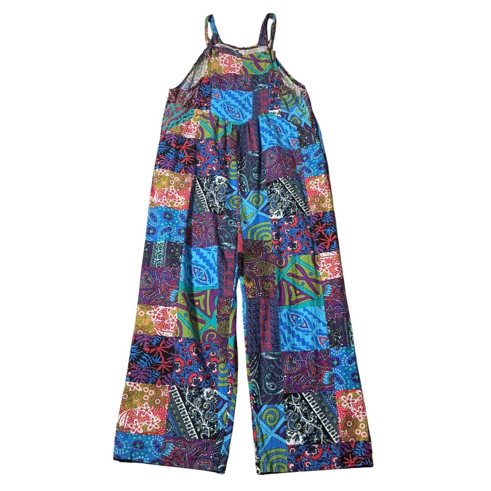 Boho Patchwork Wide Leg Festival Jumpsuit Multi Color Paisley Floral Print Sz M